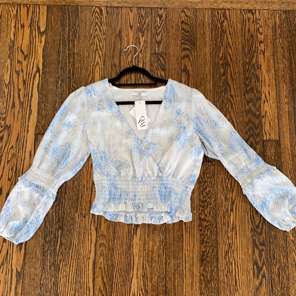 Q&A Baby Blue and White Smocked Long Sleeve Blouse